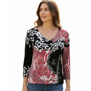New NWT Alberto Makali Red Black Paisley Feather Embellished V Neck Sweater - L‎